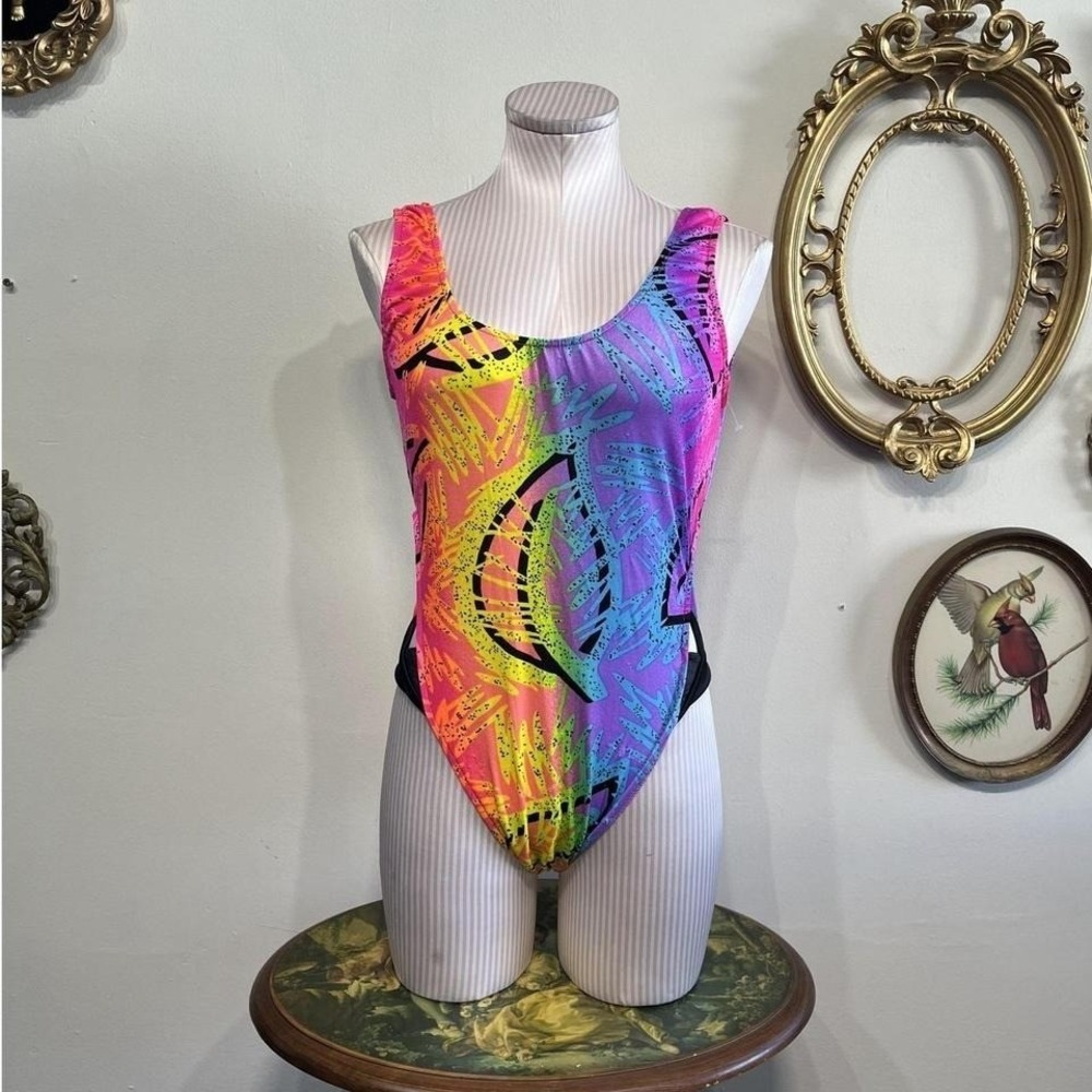 Vintage Rainbow Abstract Leaf Print One-Piece Swimsuit